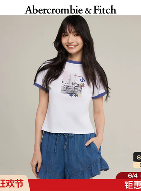 AF美式复古航海风图案白色撞色纯棉短袖T恤26夏女装157-6093