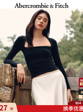 AF女装25秋季美式气质性感修身低领褶皱黑色内搭打底T恤139-4893