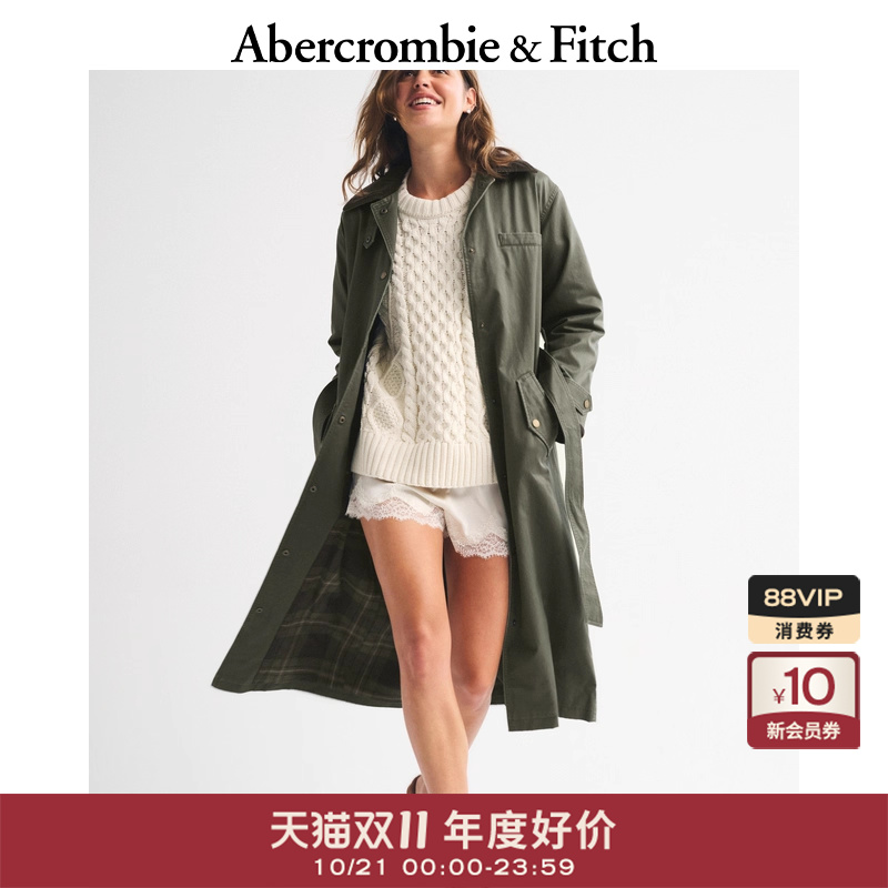 AF女装25秋冬新款巴恩风灯芯绒翻领配腰带长款风衣外套144-5195