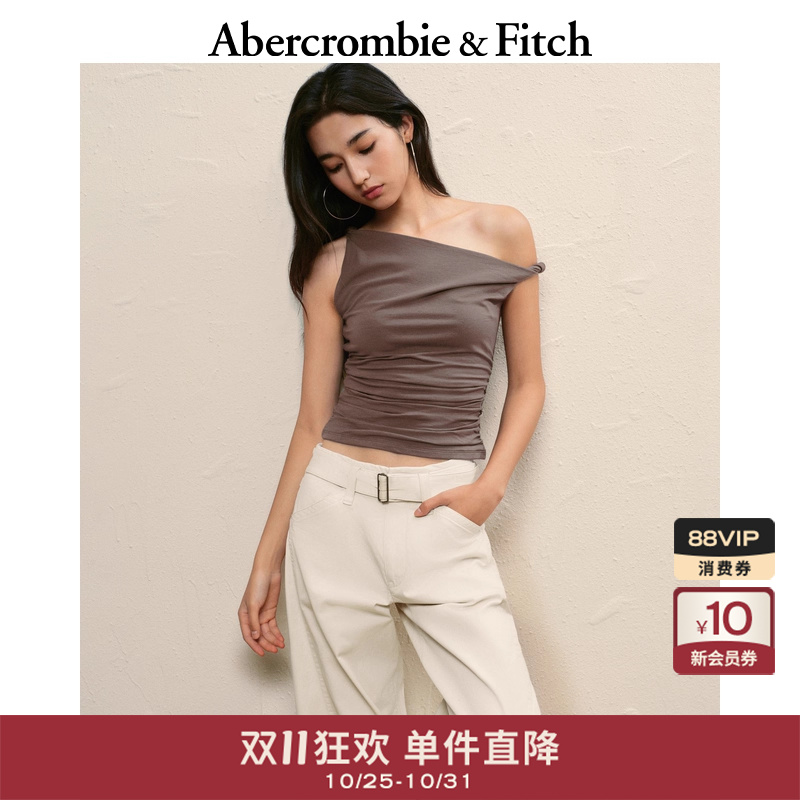 AF女装25秋新款美式复古性感辣妹气质斜肩露肩无袖上衣139-5992