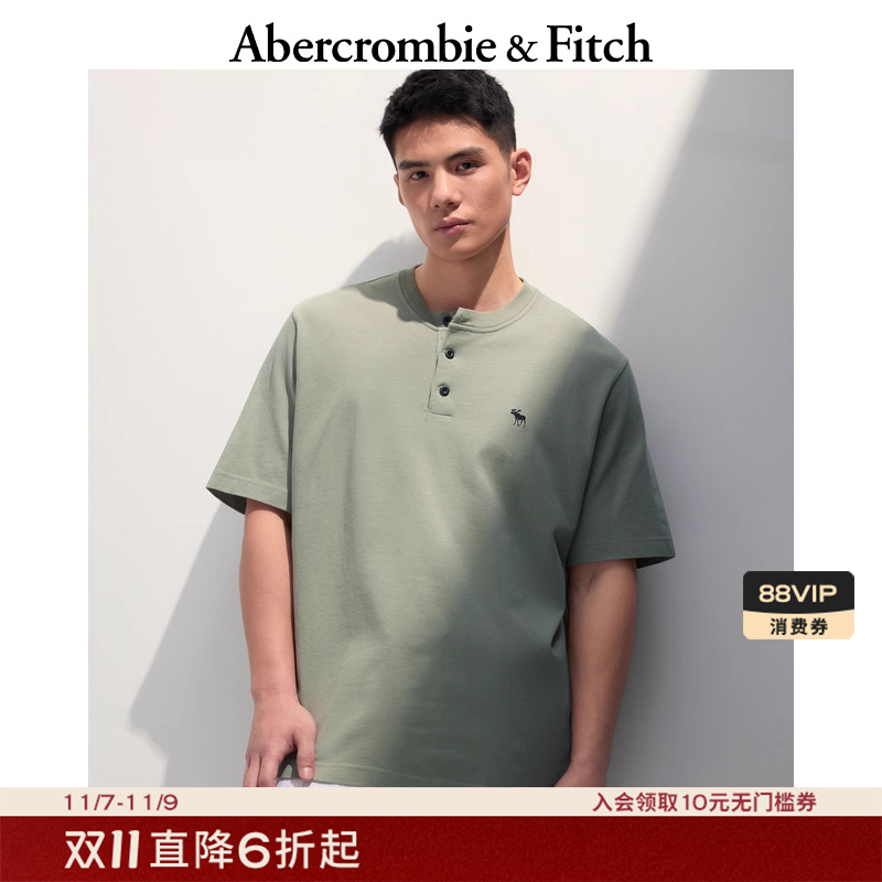 AF经典小麋鹿图案男装25夏季美式重磅宽松亨利领短袖T恤124-5188