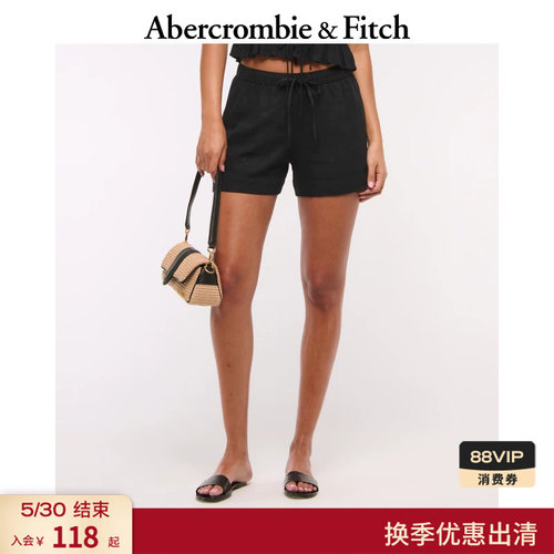 亚麻混纺松紧腰休闲短裤