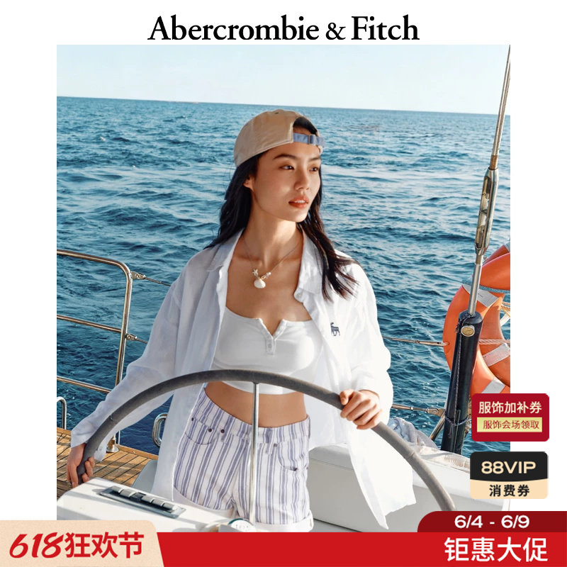 AF经典大麋鹿图案美式慵懒度假风亚麻长袖衬衫26春夏女装140-6074