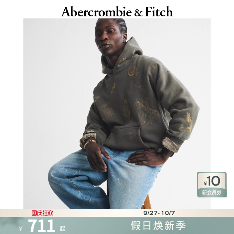 AF男装25秋冬新款美式复古抓绒印花图案宽松套头连帽卫衣122-5805