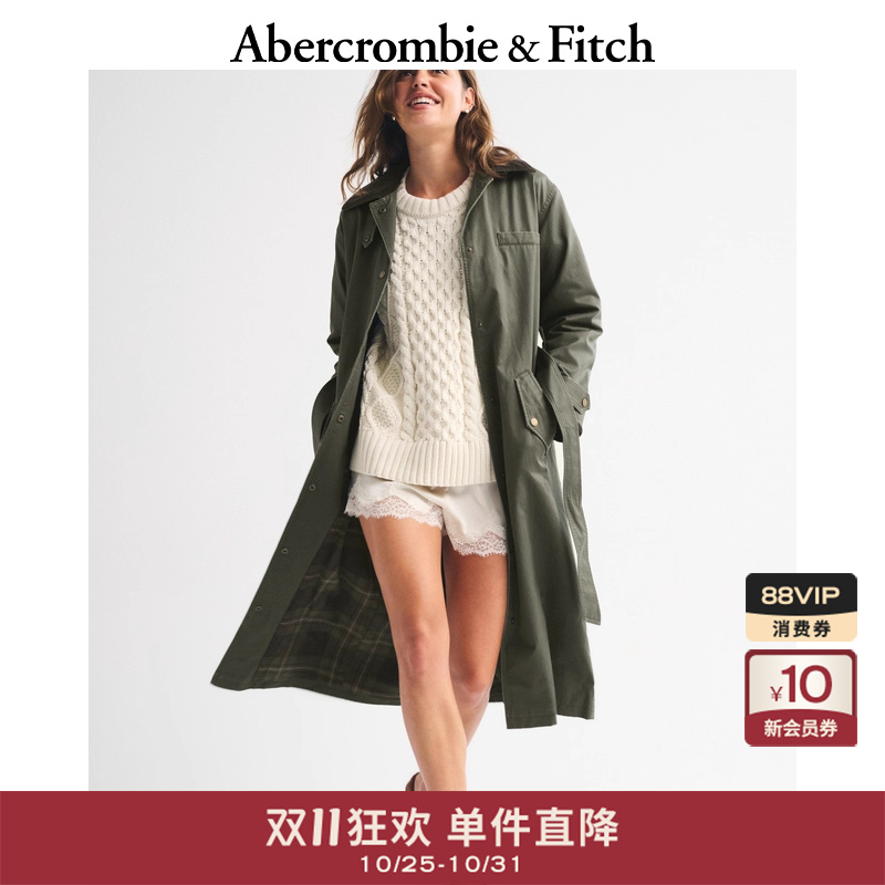 AF女装25秋冬新款巴恩风灯芯绒翻领配腰带长款风衣外套144-5195