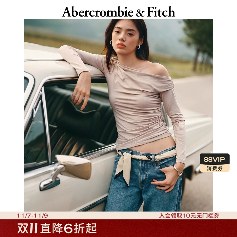 【辣妹斜肩T】AF女装25秋季新款美式性感褶皱露肩长袖T恤139-5709