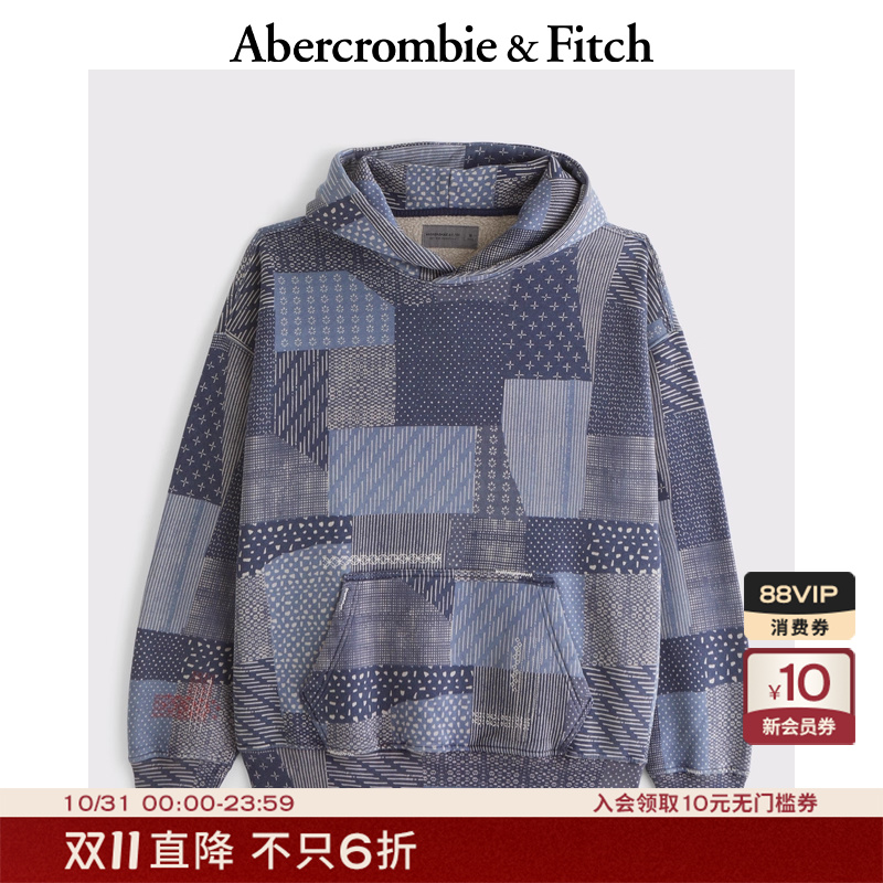 AF男装25秋冬新款美式拼接图案宽松落肩袖抓绒连帽卫衣122-5735