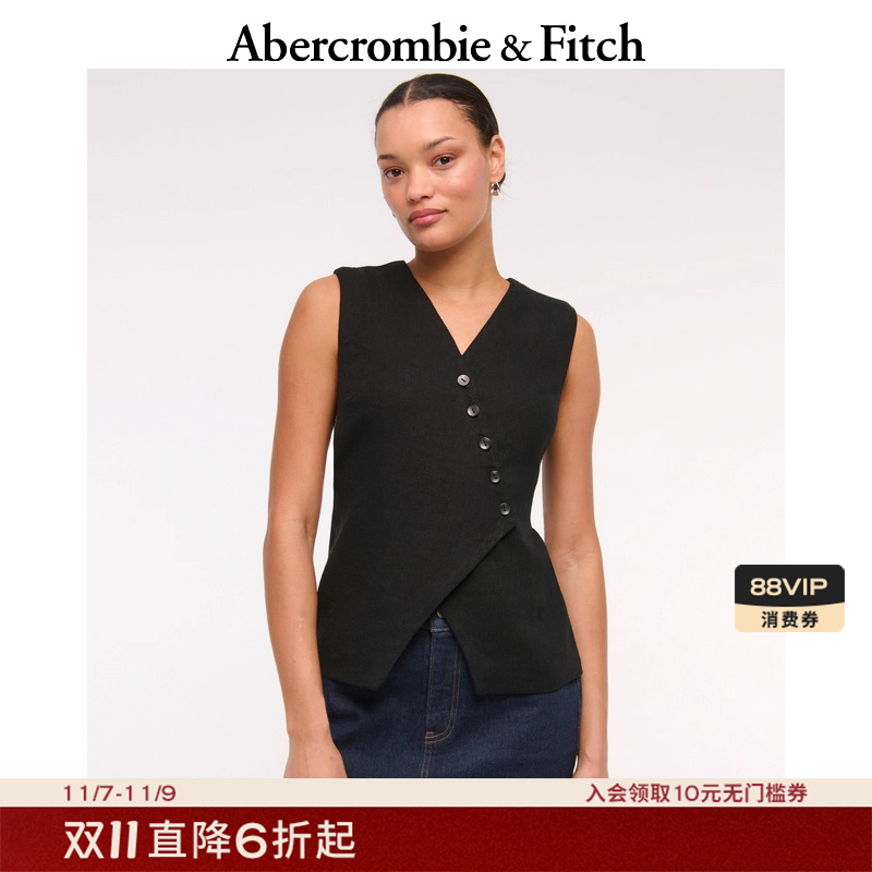 AF女装25夏季美式复古亚麻混纺V领马甲背心背心上衣140-5164