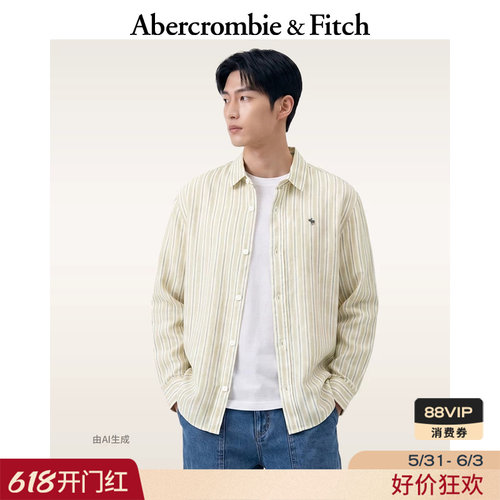 AF小麋鹿图案美式条纹亚麻衬衫