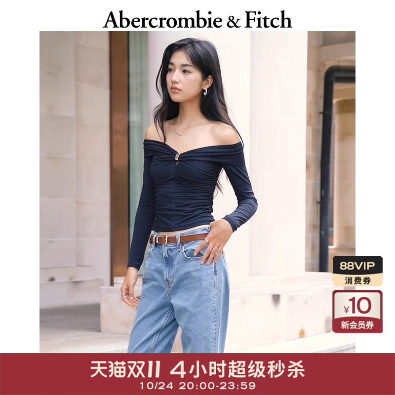AF女装25秋季新款修身性感辣妹褶皱一字肩露肩长袖T恤139-5664