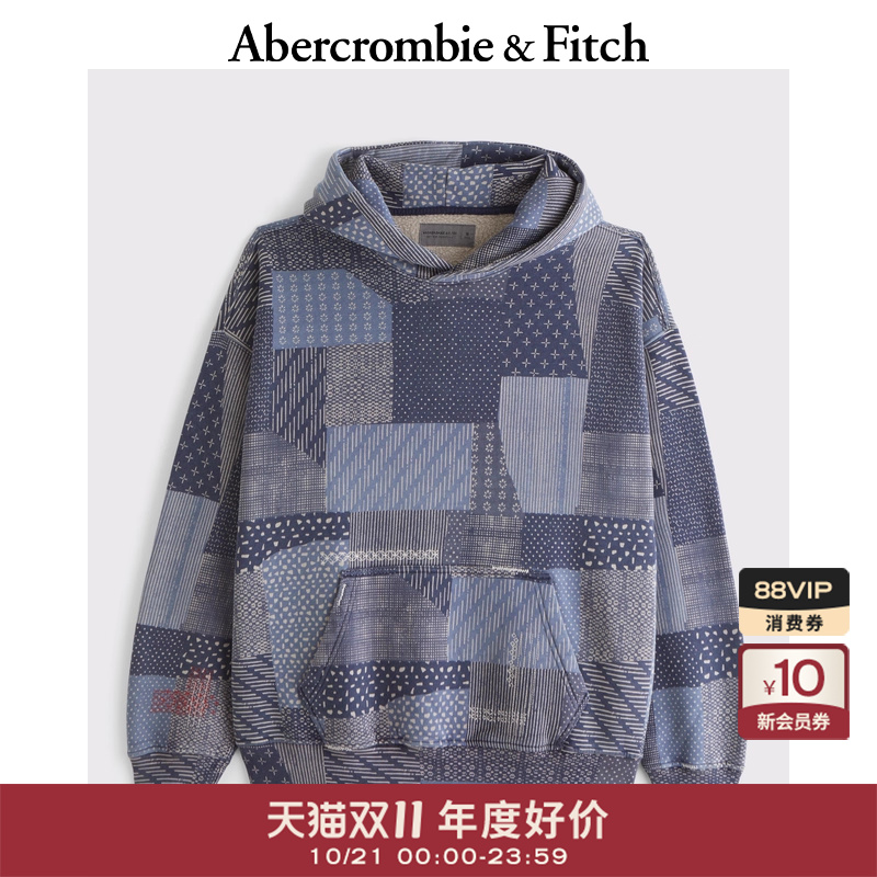 AF男装25秋冬新款美式拼接图案宽松落肩袖抓绒连帽卫衣122-5735