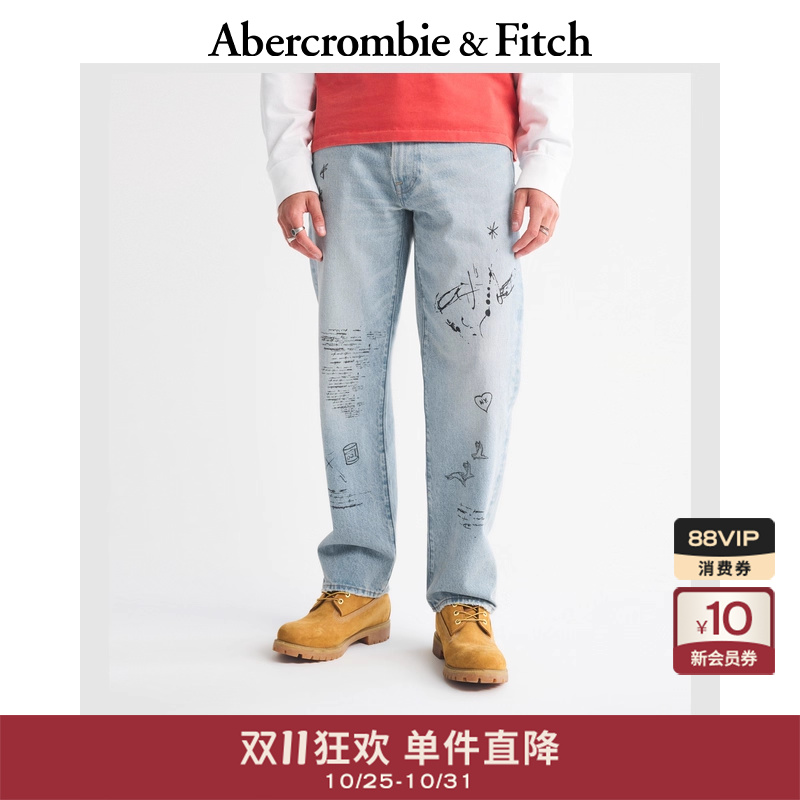 AF男装25秋冬新款美式涂鸦图案水洗宽松直筒牛仔裤长裤131-5357