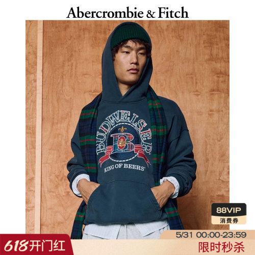 AF美式复古时尚百威图案抓绒连帽黑色卫衣25秋冬男装122-5649