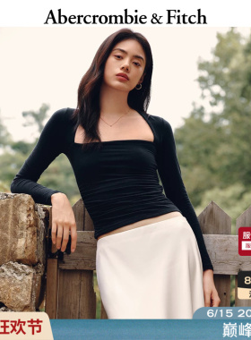AF女装25秋季美式气质性感修身低领褶皱黑色内搭打底T恤139-4893