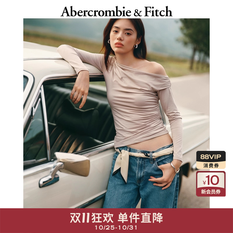 【辣妹斜肩T】AF女装25秋季新款美式性感褶皱露肩长袖T恤139-5709