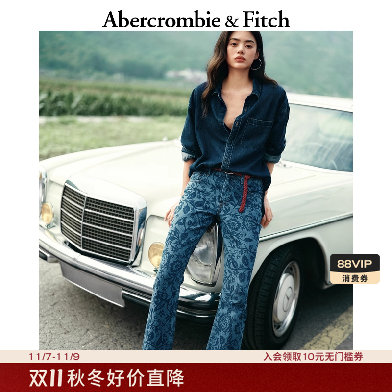 AF女装25秋冬新款美式百搭中腰花卉图案修身微喇牛仔裤155-6296