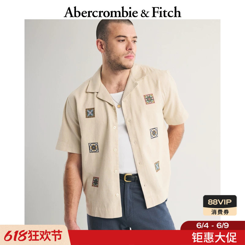 AF美式复古慵懒度假风古巴领棉麻混纺短袖衬衫26春夏男装125-6054