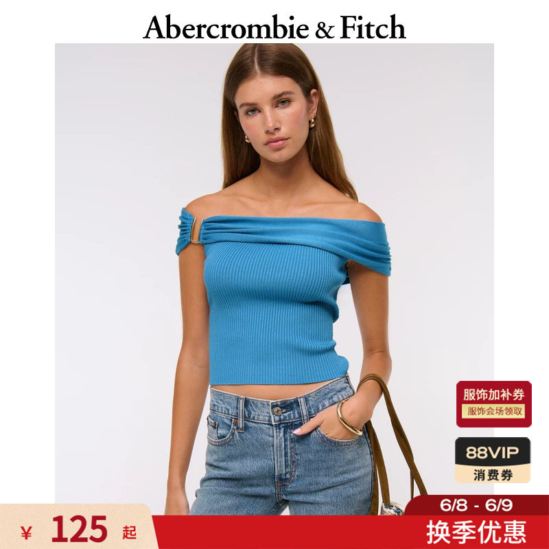 AF女装25秋季美式设计感金属扣修身一字肩露肩针织T恤150-5381