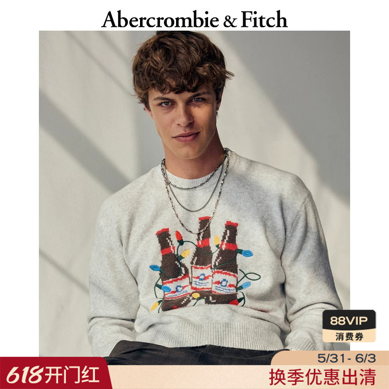 AF美式舒适百威啤酒图案长袖毛衣针织衫25秋冬男装120-5211