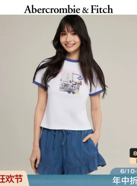 AF美式复古航海风图案白色撞色纯棉短袖T恤26夏女装157-6093