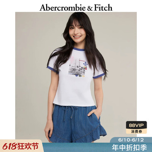 AF美式复古航海风图案白色撞色纯棉短袖T恤26夏女装157-6093