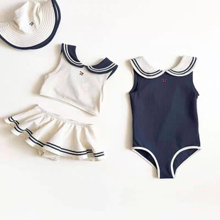 女童海军风分体泳装 幼儿童游泳衣2026北欧新款 小宝宝连体泳衣夏季