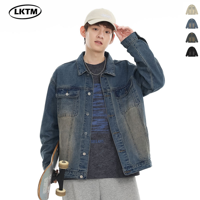 LKTM男装#美式复古水洗牛仔外套男女秋冬翻领夹克情侣款潮牌上衣