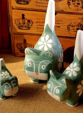 日式杂货装饰品原木福猫一套工艺品橱窗奶茶店摆设品装饰品小摆件