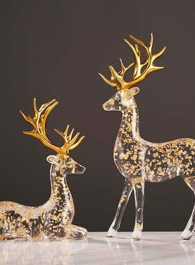北欧创意轻奢树脂透明金箔鹿摆件玄关客厅酒柜电视柜办公室装饰品