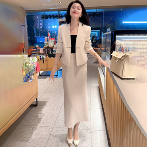 秋季新款醋酸真丝轻奢时尚套装女高定小西装外套包臀开叉半身裙