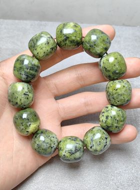 西藏药王石自然原石老型珠手串18毫米强磁磁疗浅绿色手链0545