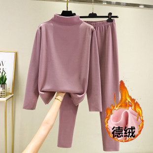 双面绒打底衫女冬德绒发热保暖套装半高领上衣加绒秋衣秋裤两件套
