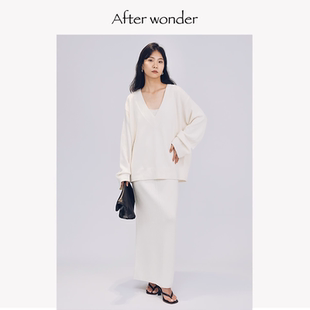 Afterwonder宽松V领针织衫白色极简气质毛衣100%美丽诺羊毛高级感