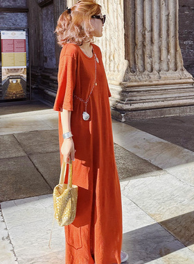 Afterwonder罗马假日汉麻懒人裙红色 极简松弛感纸片人短袖连衣裙