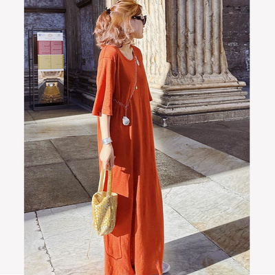 Afterwonder罗马假日汉麻懒人裙红色 极简松弛感纸片人短袖连衣裙