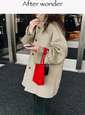 Afterwonder豆青绿10%苏力羊驼毛70%羊毛翻领廓形大衣中长款外套