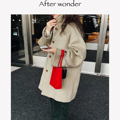 Afterwonder豆青绿10%苏力羊驼毛70%羊毛翻领廓形大衣中长款外套