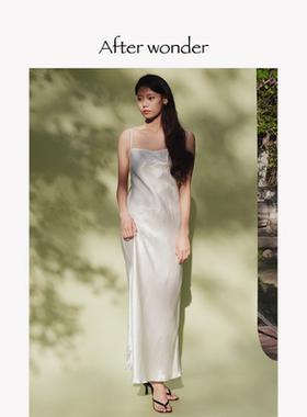 afterwonder 翡冷翠之夏 珍珠白一字领吊带长裙 褶皱醋酸修身高级