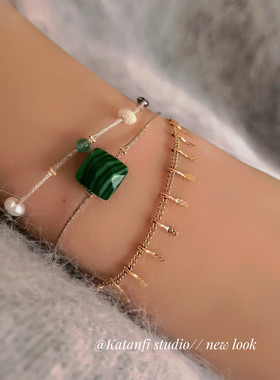 手链孔雀石珍珠铜镀金叠戴多层