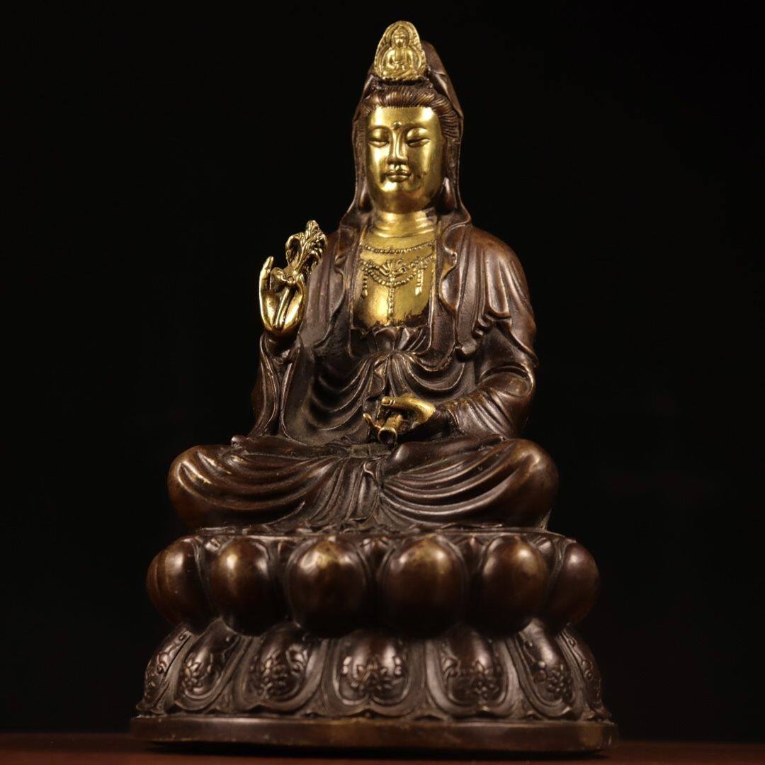 纯铜观音红铜色佛像铜摆件柳枝观音菩萨铜像普陀山观世音家庭摆放