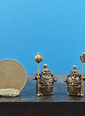 黄铜 小门神 哼哈二将车载装饰品新中式家居桌面假山盆景造景摆件