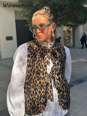 Leopard Print Bow Lace Up Women Vest Casual Loose V-neck Sle
