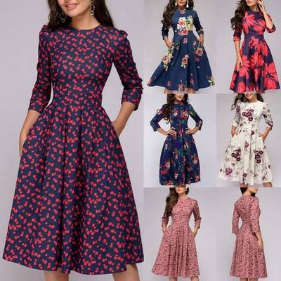 Women Elegant A-line Midi Dress Vintage Printing Party Vesti