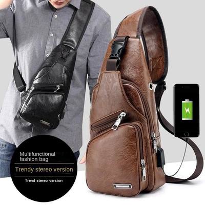 New USB Charging Chest Bag with Headset Hole Mens Multifunct