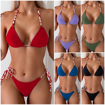 Solid lor Split Swimsuit Women's Sexy Deep V Gathered Backle