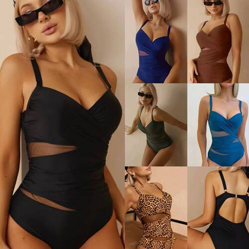 2026 Women’s Solid-color Cross-strap Mesh One-piece Swimsui
