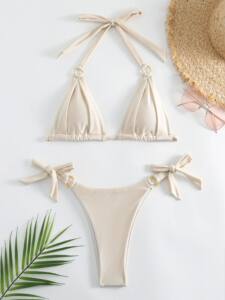 Micro Bikini Sexy Women Swimsuit 2024 Solid Beige Halter Rin