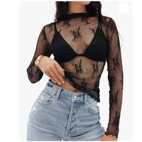 Women's Mesh Transparent Lace Layered Mid-crewneck Perspecti