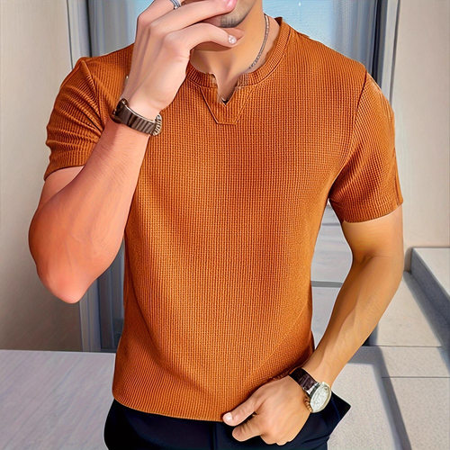 Men's Short-sleeved T-shirt Retro Caramel lor V-neck Half-sl