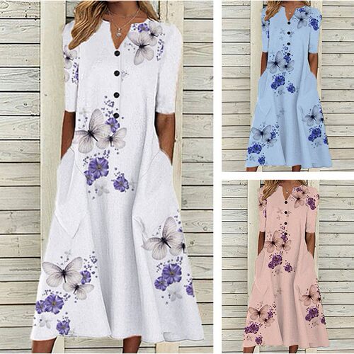 2026 Women's Printed V-neck Short Sleeve Button Pocket Casua